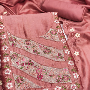 Peach Embellished Vichitra Silk Dress Material with Graceful Floral Embroidery Work