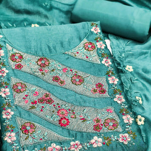 Teal Green Embellished Vichitra Silk Dress Material with Graceful Floral Embroidery Work