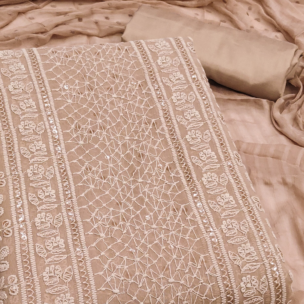 Elegant Brown Floral Embroidered Georgette Dress Material With Delicate Sequins Accents