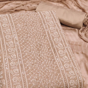 Elegant Brown Floral Embroidered Georgette Dress Material With Delicate Sequins Accents