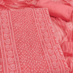 Elegant Coral Pink Floral Embroidered Georgette Dress Material With Delicate Sequins Accents