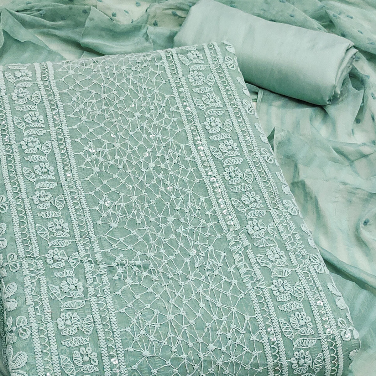 Elegant Dusty Turquoise Floral Embroidered Georgette Dress Material With Delicate Sequins Accents