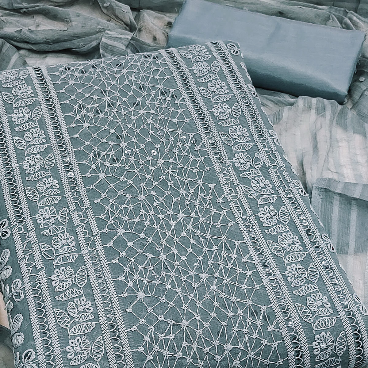 Elegant Grey Floral Embroidered Georgette Dress Material With Delicate Sequins Accents