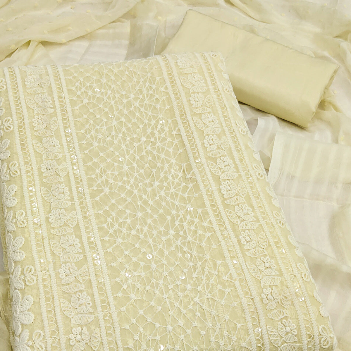 Elegant Light Yellow Floral Embroidered Georgette Dress Material With Delicate Sequins Accents