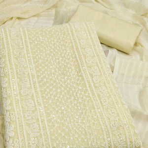 Elegant Light Yellow Floral Embroidered Georgette Dress Material With Delicate Sequins Accents