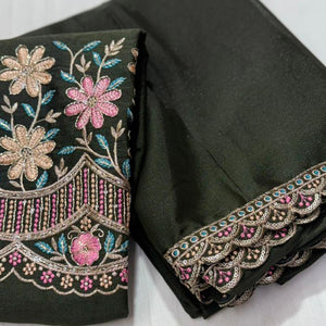 Mehendi Green Solid Georgette Saree With Embroidered Blouse Piece And Embroidered Border