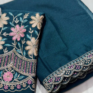 Teal Solid Georgette Saree With Embroidered Blouse Piece And Embroidered Border