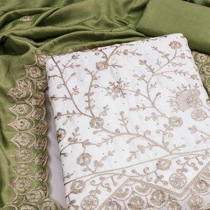 Off White Green Thread Motifs Vichitra Silk Unstitched Salwar Material