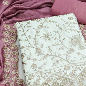 Off White Pink Thread Motifs Vichitra Silk Unstitched Salwar Material