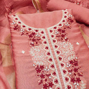 Elegant Peach Floral Thread Embroidered Art Silk Dress Material Adorned With Shimmering Sequins