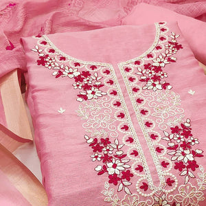 Elegant Pink Floral Thread Embroidered Art Silk Dress Material Adorned With Shimmering Sequins