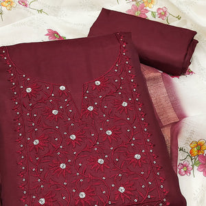 Elegant Maroon Floral Thread Embroidered Tussar Silk Dress Material Adorned with Sequins Work