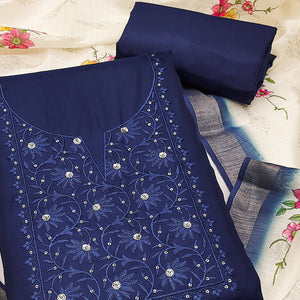 Elegant Navy Blue Floral Thread Embroidered Tussar Silk Dress Material Adorned with Sequins Work