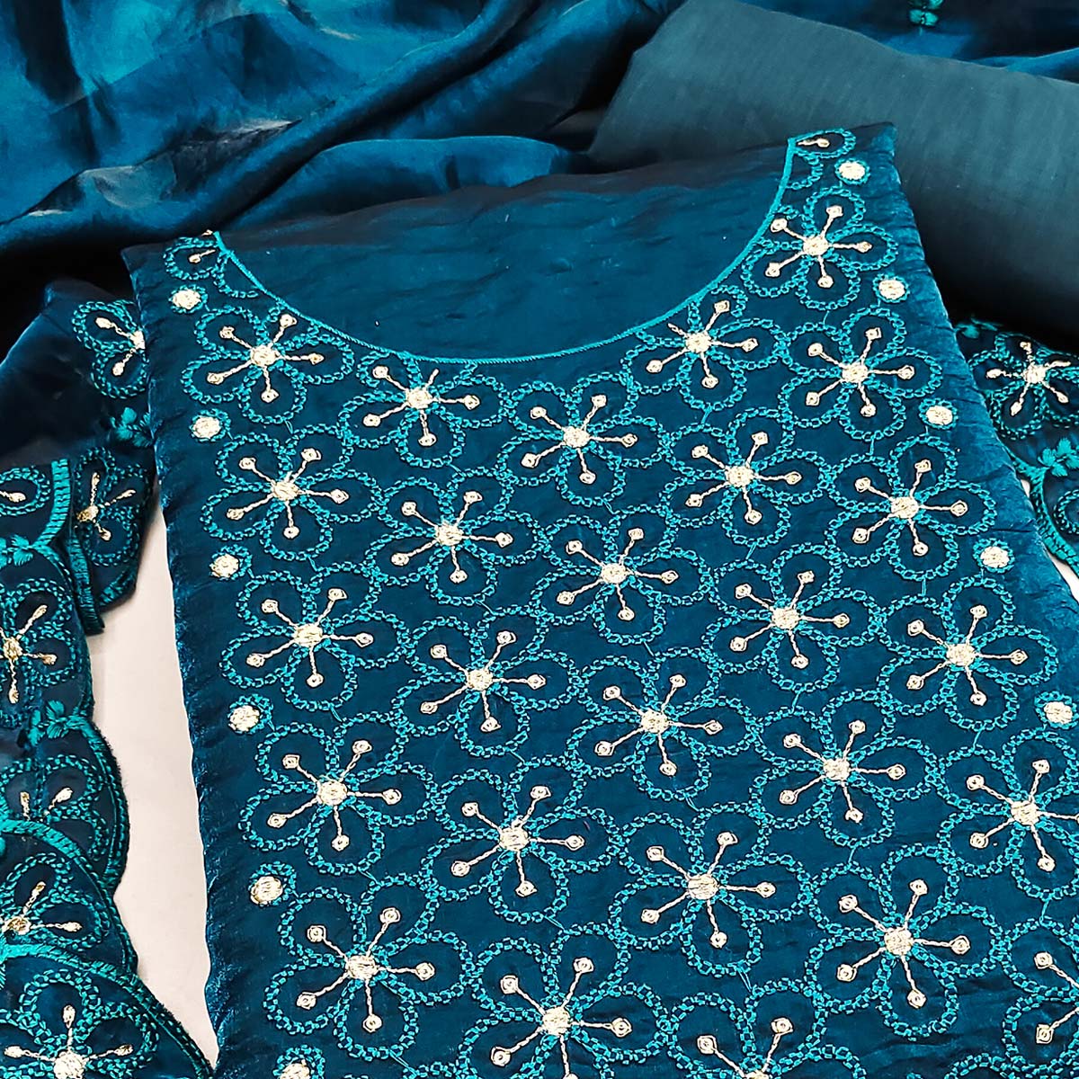 Charming Morpich Blue Floral Embroidery Organza Satin Silk Dress Material With Sequins Work