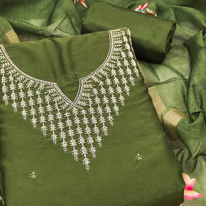 Festive Green Floral Embroidered Art Silk Dress Material with Fine Thread Work