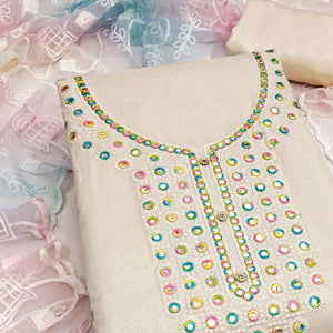 Off White Designer Chanderi Dress Material with Intricate Thread Embroidery Detailing