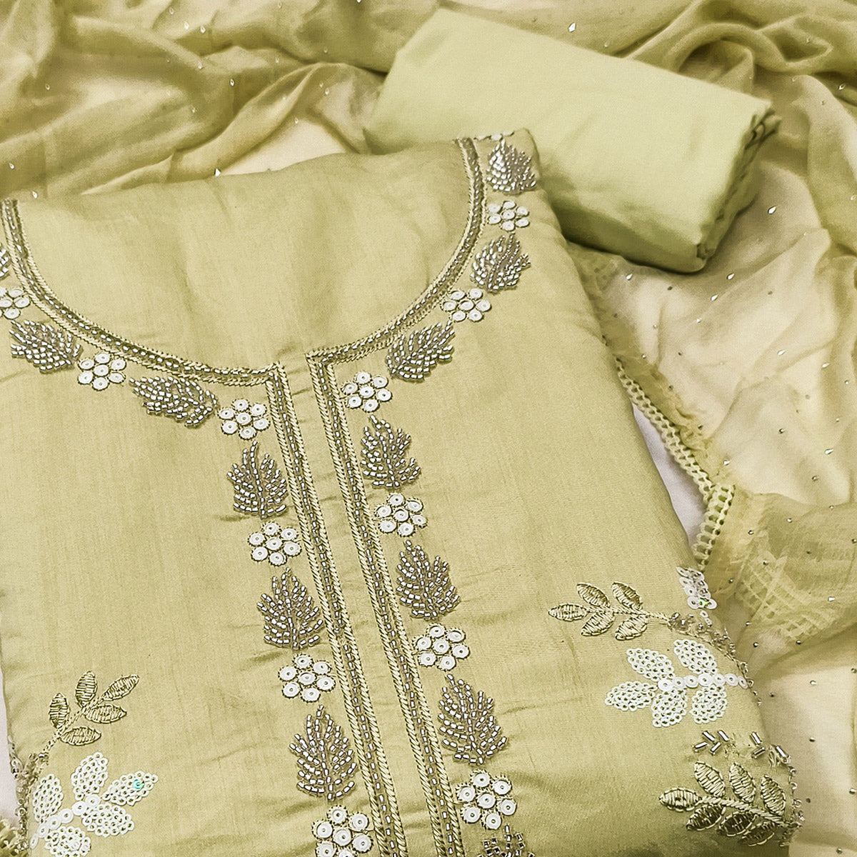 Light Green Floral Embroidered Viscose Suit Fabric with Exquisite Beads Work