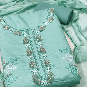 Turquoise Floral Embroidered Viscose Suit Fabric with Exquisite Beads Work