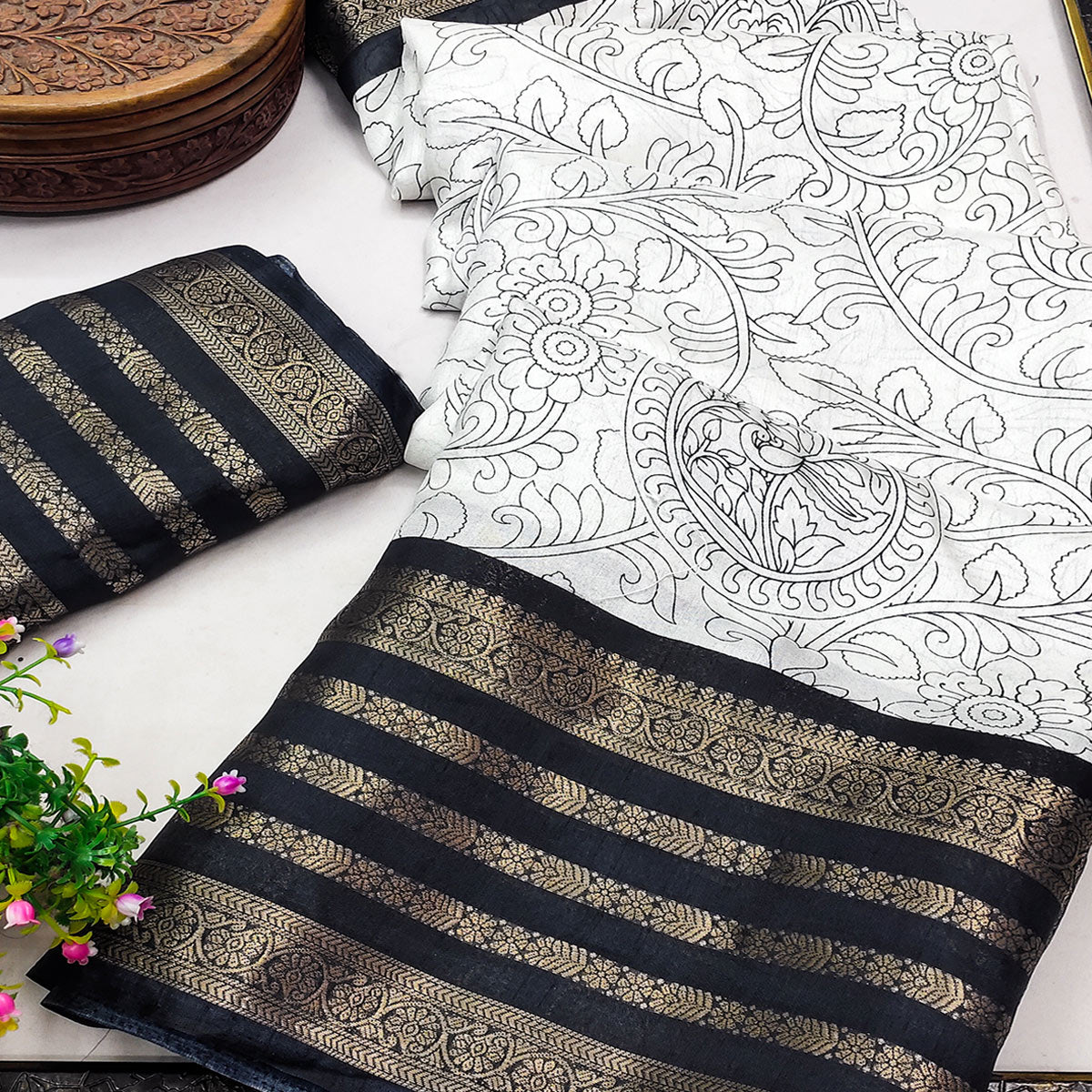 Off White & Black Dola Silk Saree with Tradional Prints and Zari Weaving Border
