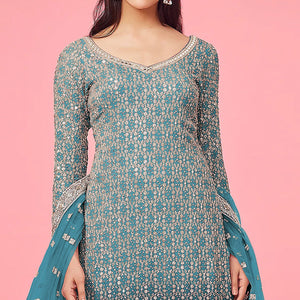Blue Sequins Embroidered Georgette Semi Stitched Suit