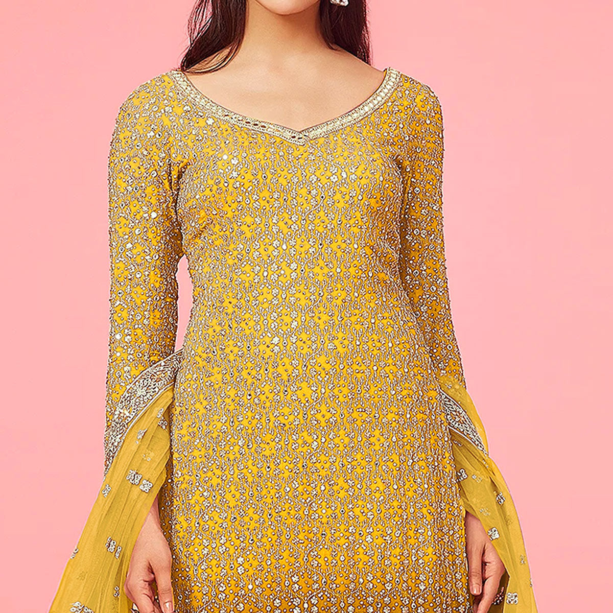 Yellow Sequins Embroidered Georgette Semi Stitched Suit