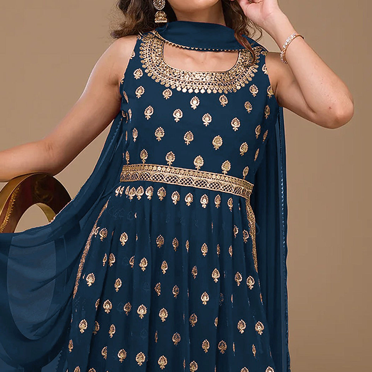 Blue Sequins Embroidered Georgette Naira Cut Semi Stitched Suit