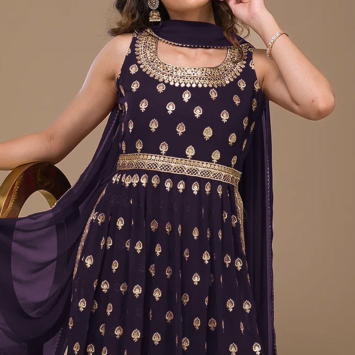Purple Sequins Embroidered Georgette Naira Cut Semi Stitched Suit