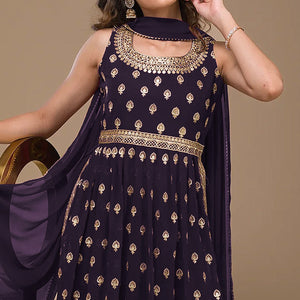 Purple Sequins Embroidered Georgette Naira Cut Semi Stitched Suit