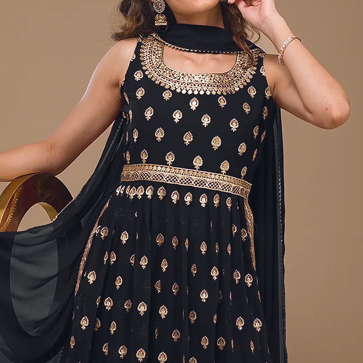 Black Sequins Embroidered Georgette Naira Cut Semi Stitched Suit