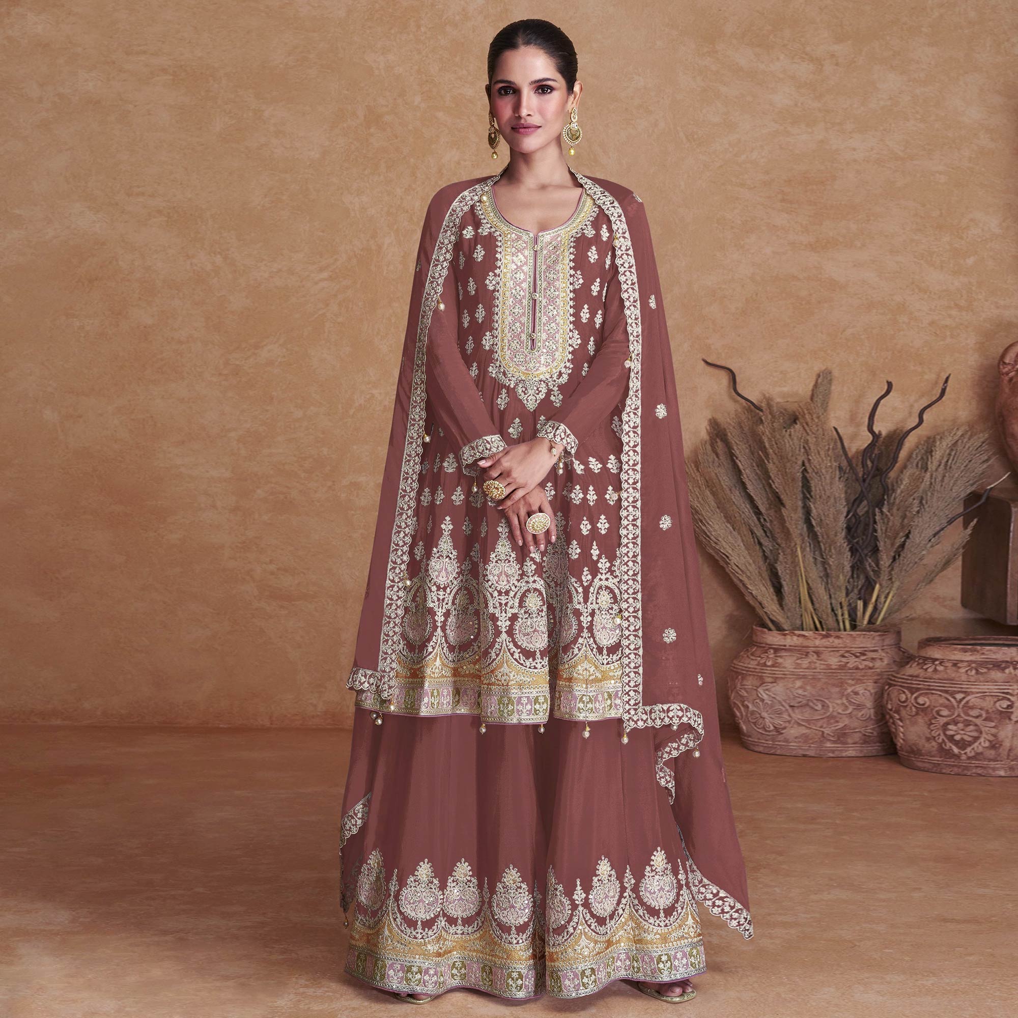 Brown Floral Embroidered Georgette Semi Stitched Suit