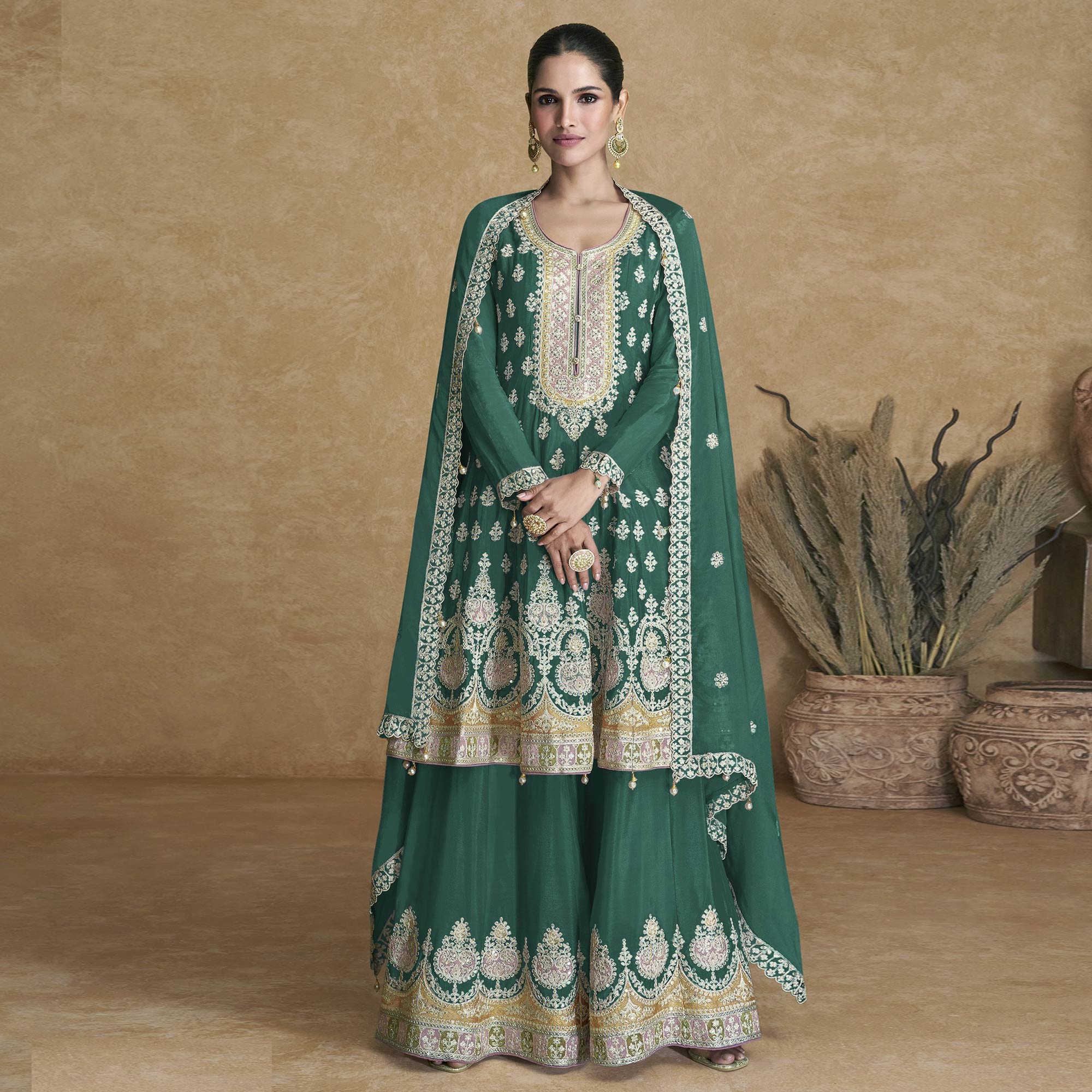 Green Floral Embroidered Georgette Semi Stitched Suit