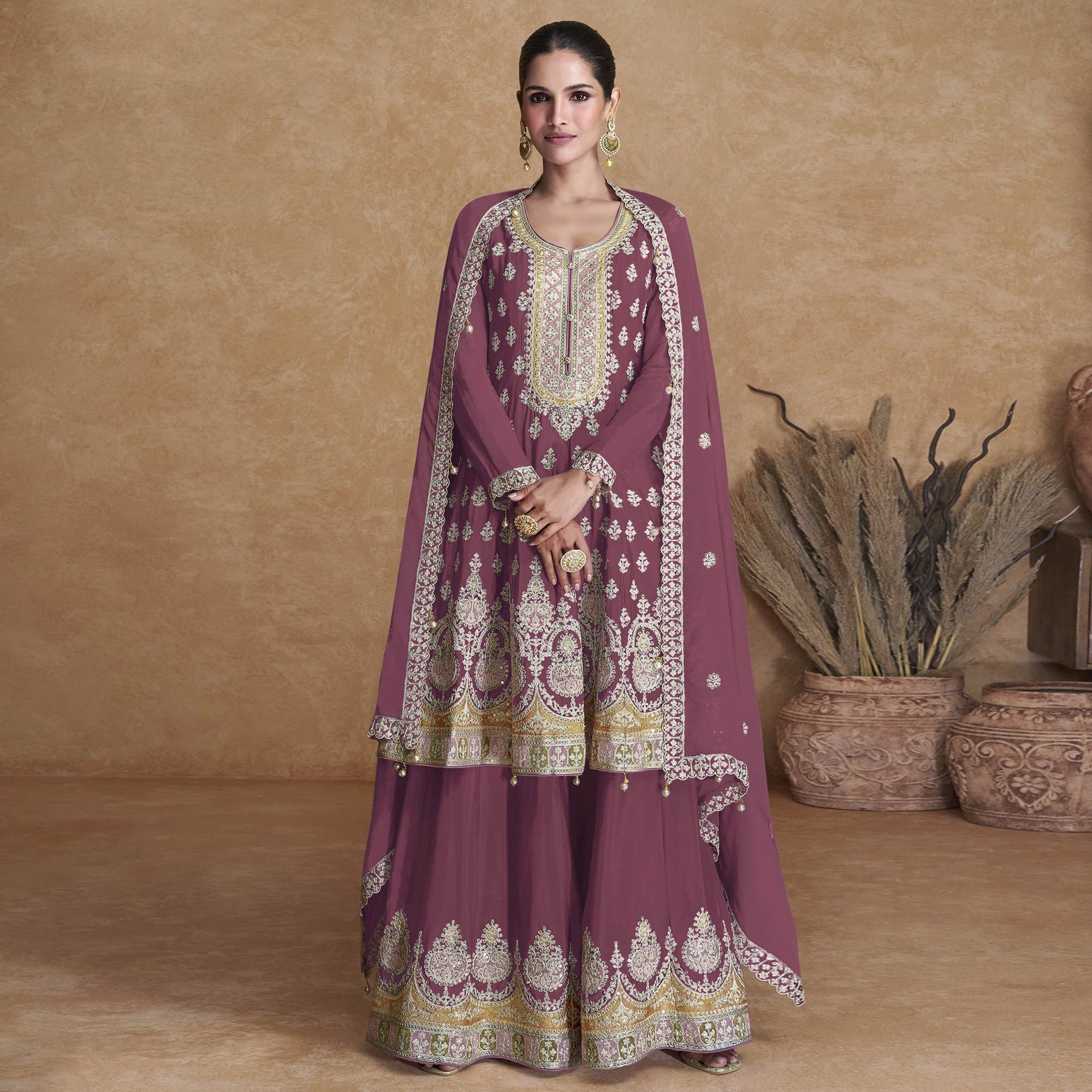 Mauve Floral Embroidered Georgette Semi Stitched Suit