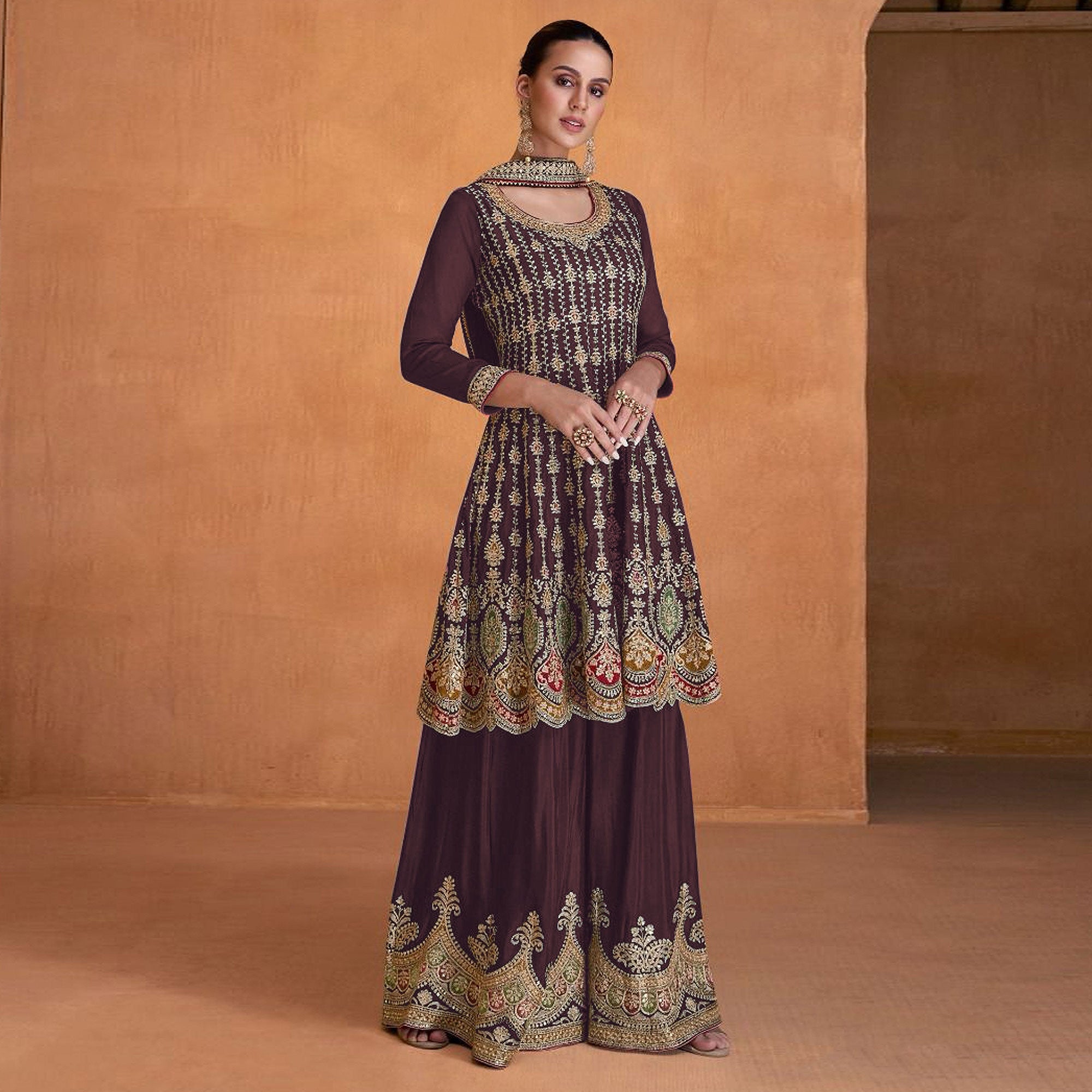 Wine Sequins Embroidered Georgette Semi Stitched Sharara Suit