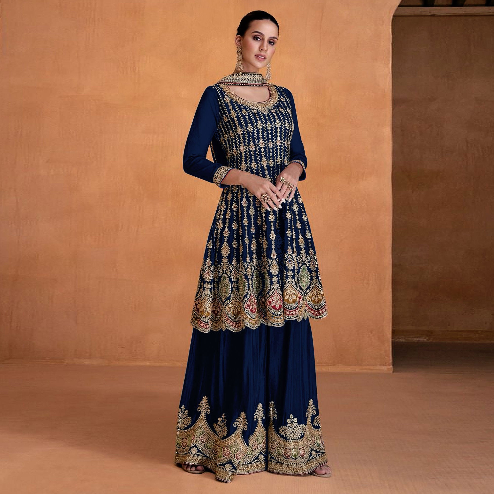 Blue Sequins Embroidered Georgette Semi Stitched Sharara Suit