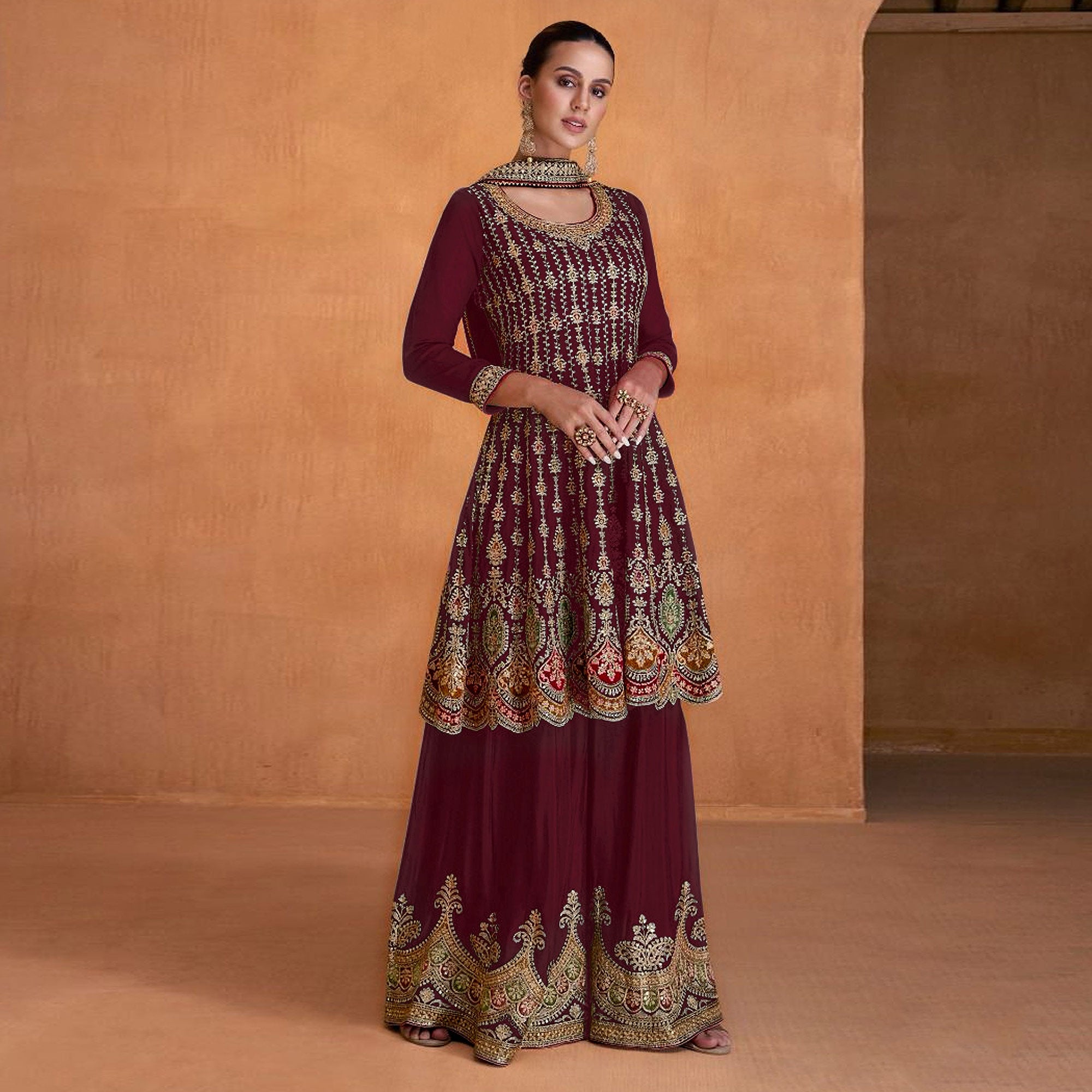 Maroon Sequins Embroidered Georgette Semi Stitched Sharara Suit