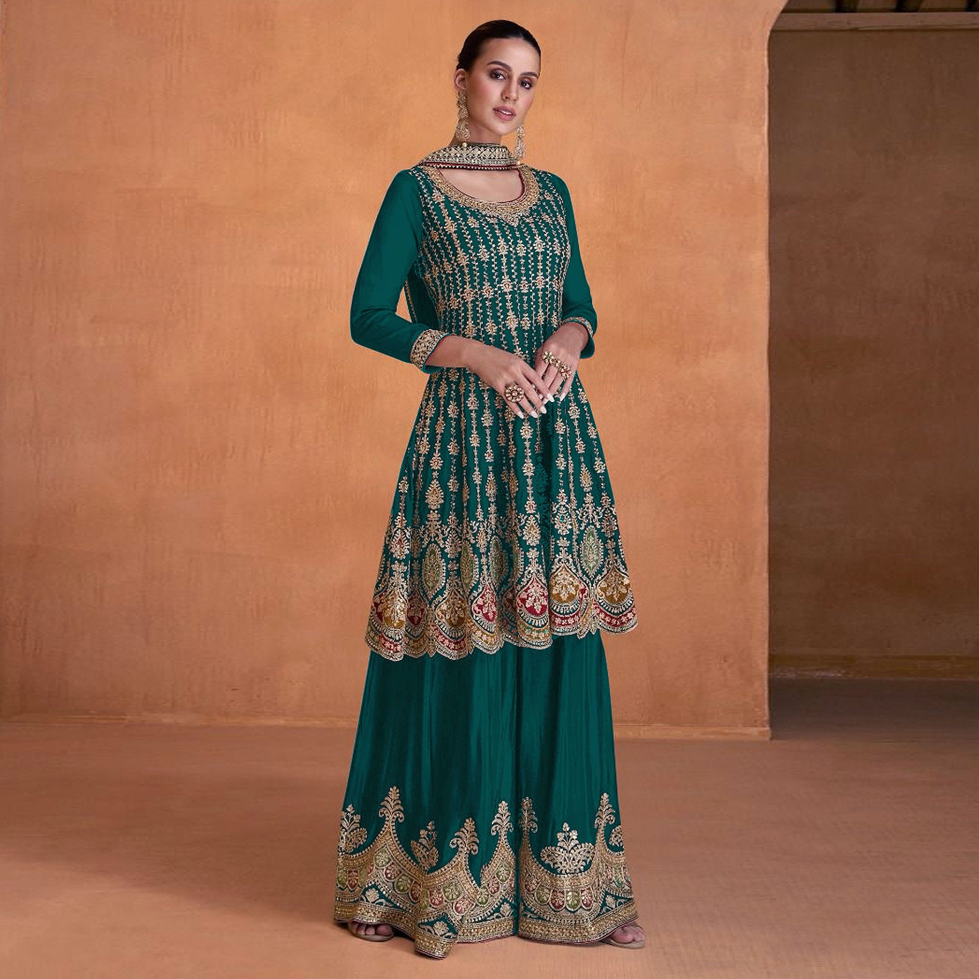 Rama Green Sequins Embroidered Georgette Semi Stitched Sharara Suit