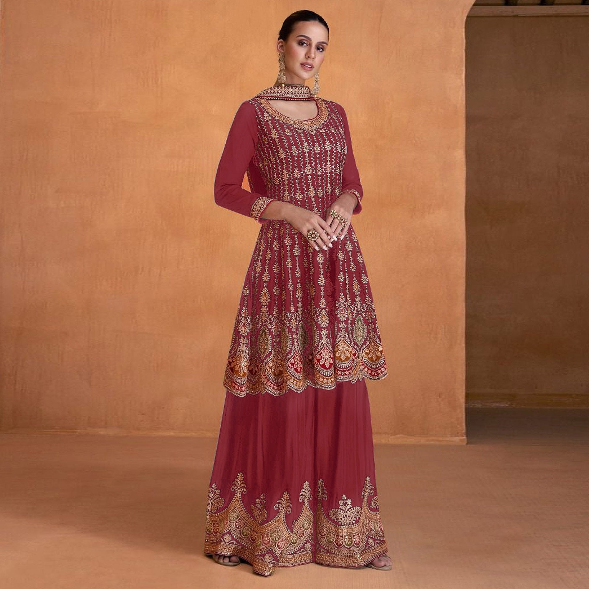 Red Sequins Embroidered Georgette Semi Stitched Sharara Suit