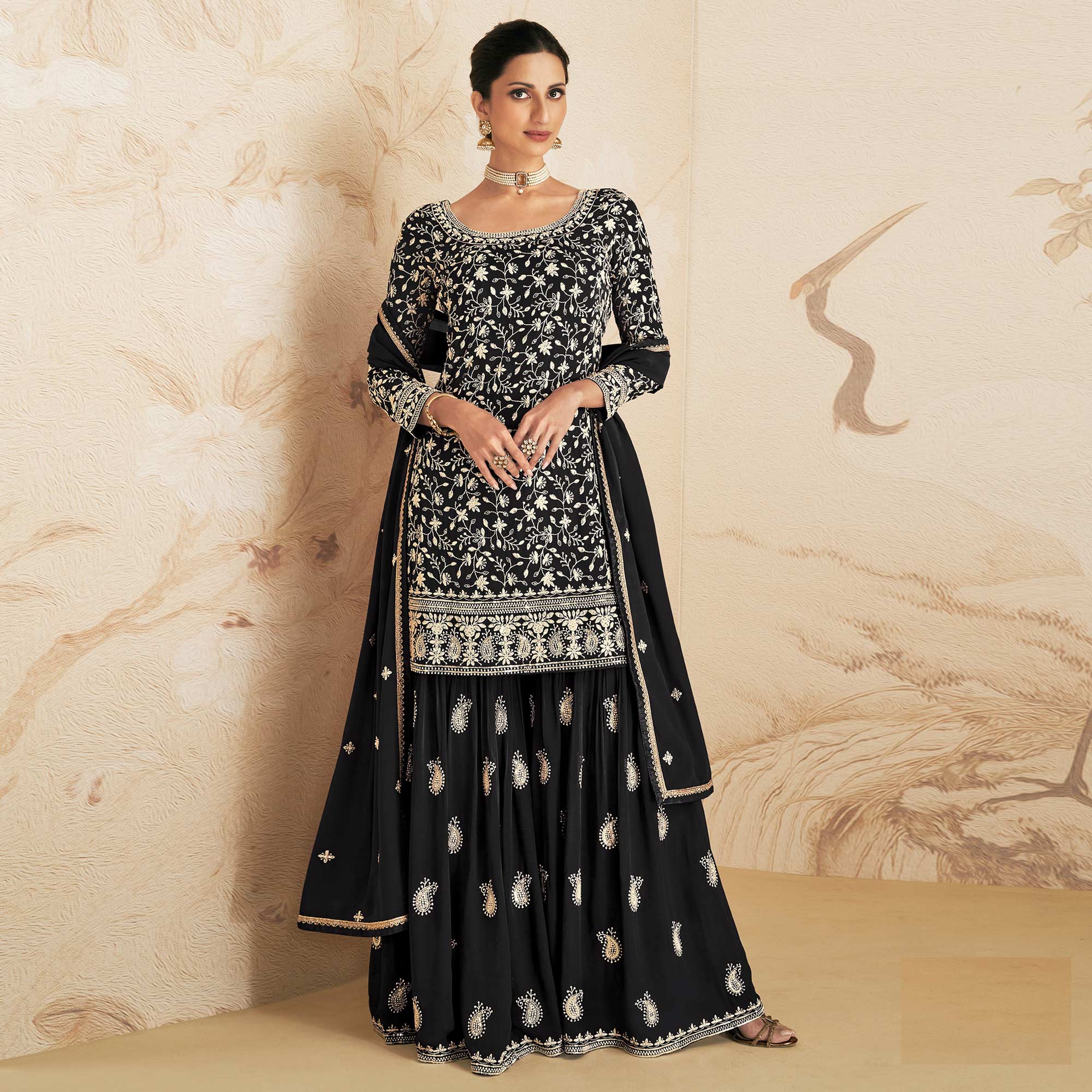 Black Floral Embroidered Georgette Semi Stitched Sharara Suit