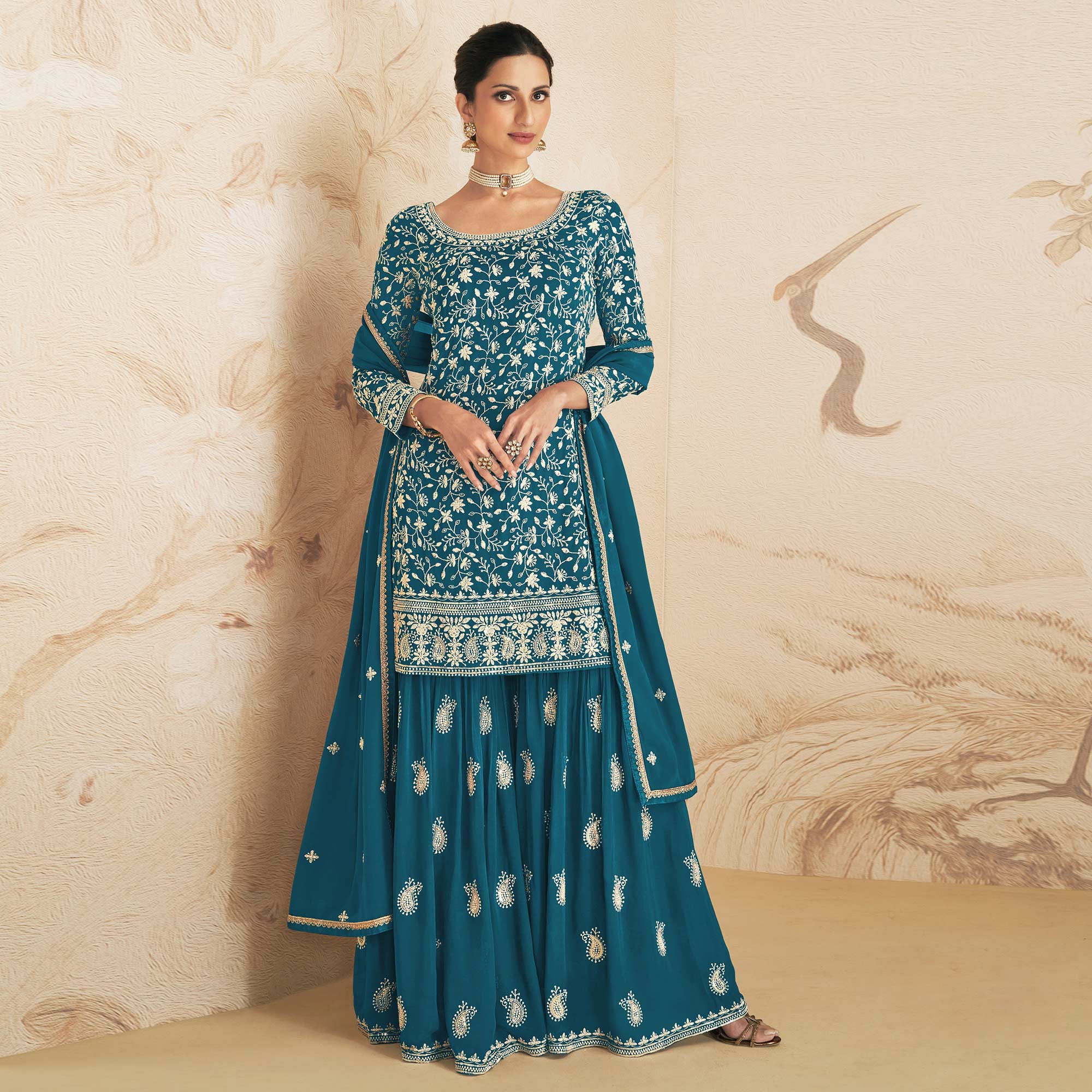 Blue Floral Embroidered Georgette Semi Stitched Sharara Suit