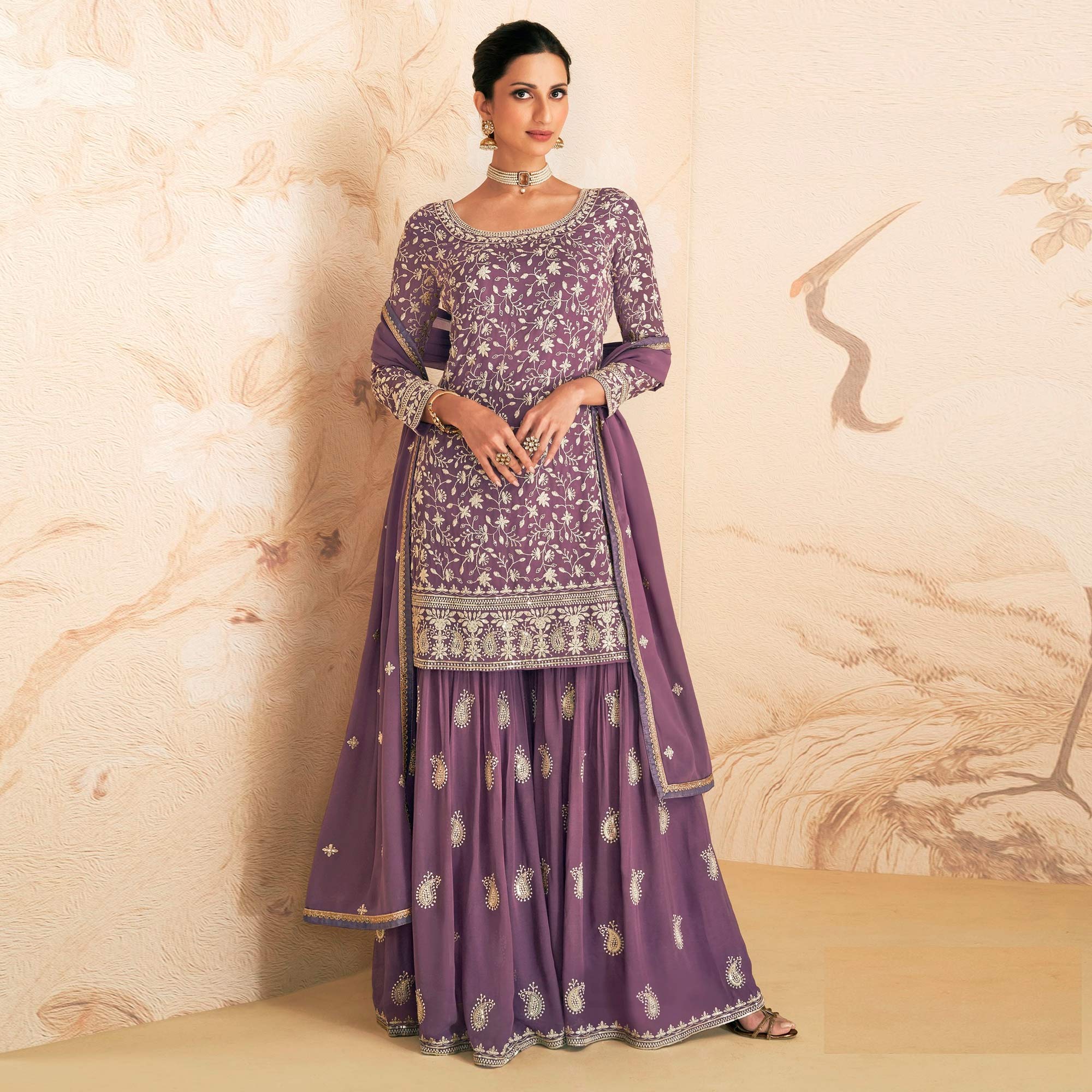 Purple Floral Embroidered Georgette Semi Stitched Sharara Suit