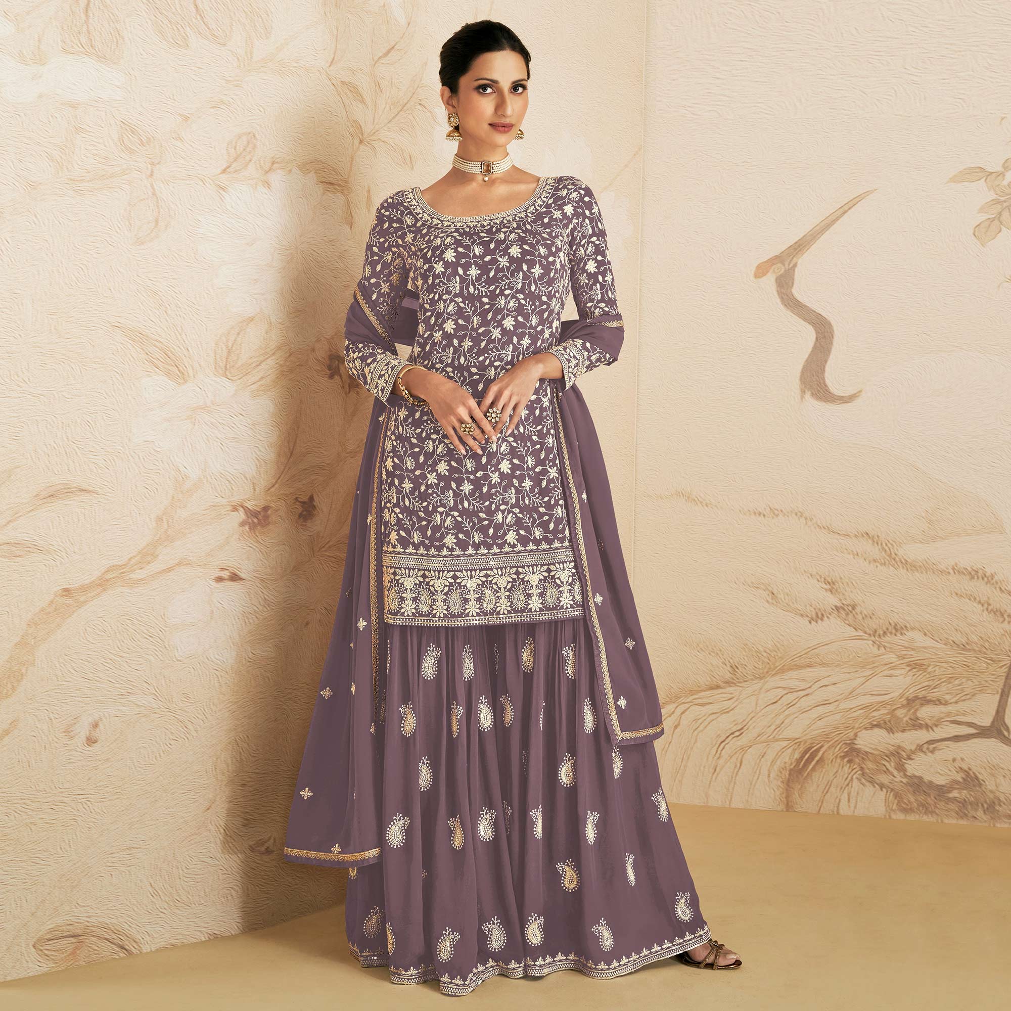 Mauve Floral Embroidered Georgette Semi Stitched Sharara Suit