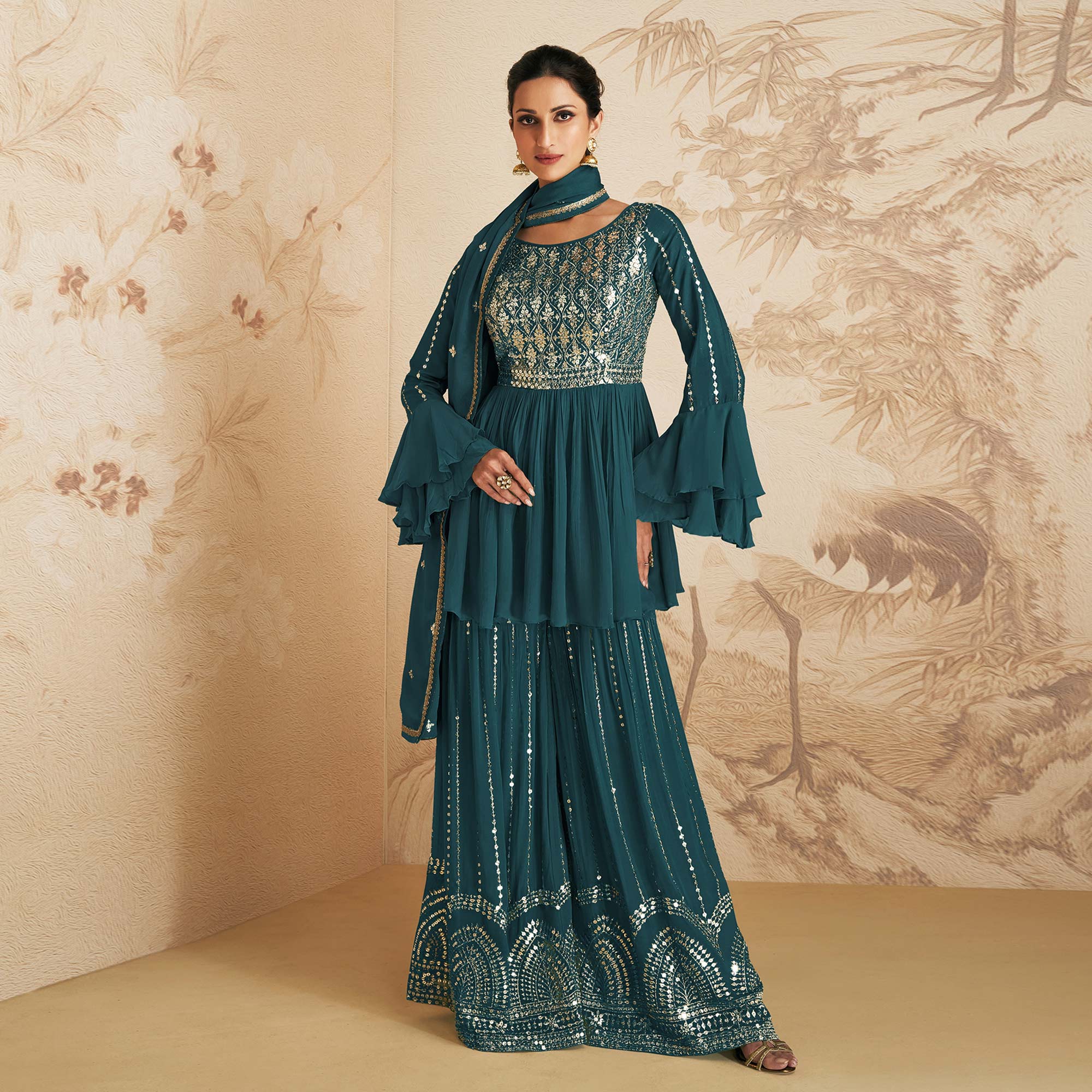 Teal Blue Sequins Embroidered Chinon Semi Stitched Sharara Suit