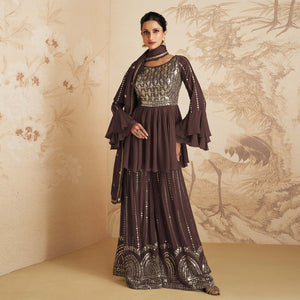 Brown Sequins Embroidered Chinon Semi Stitched Sharara Suit