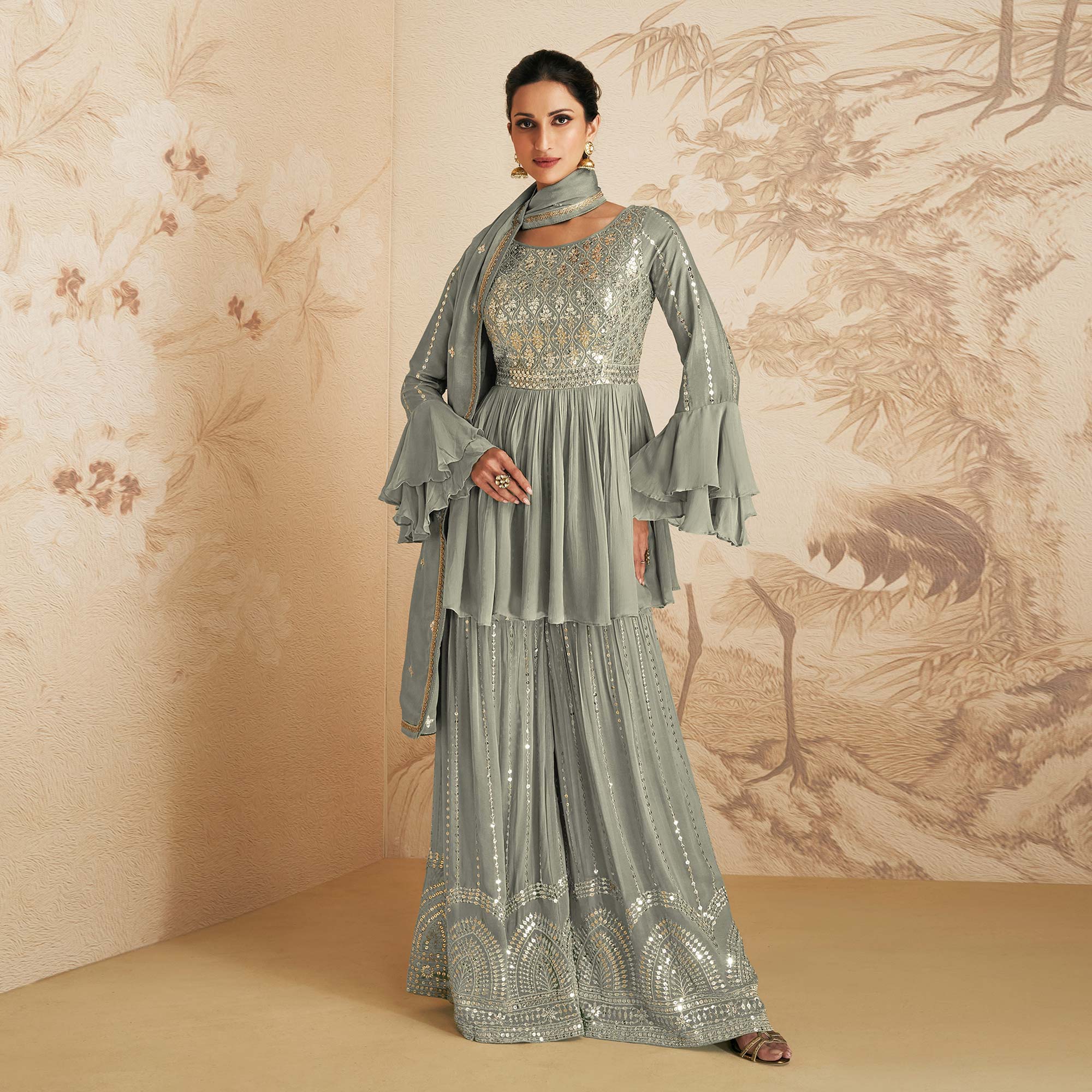 Grey Sequins Embroidered Chinon Semi Stitched Sharara Suit