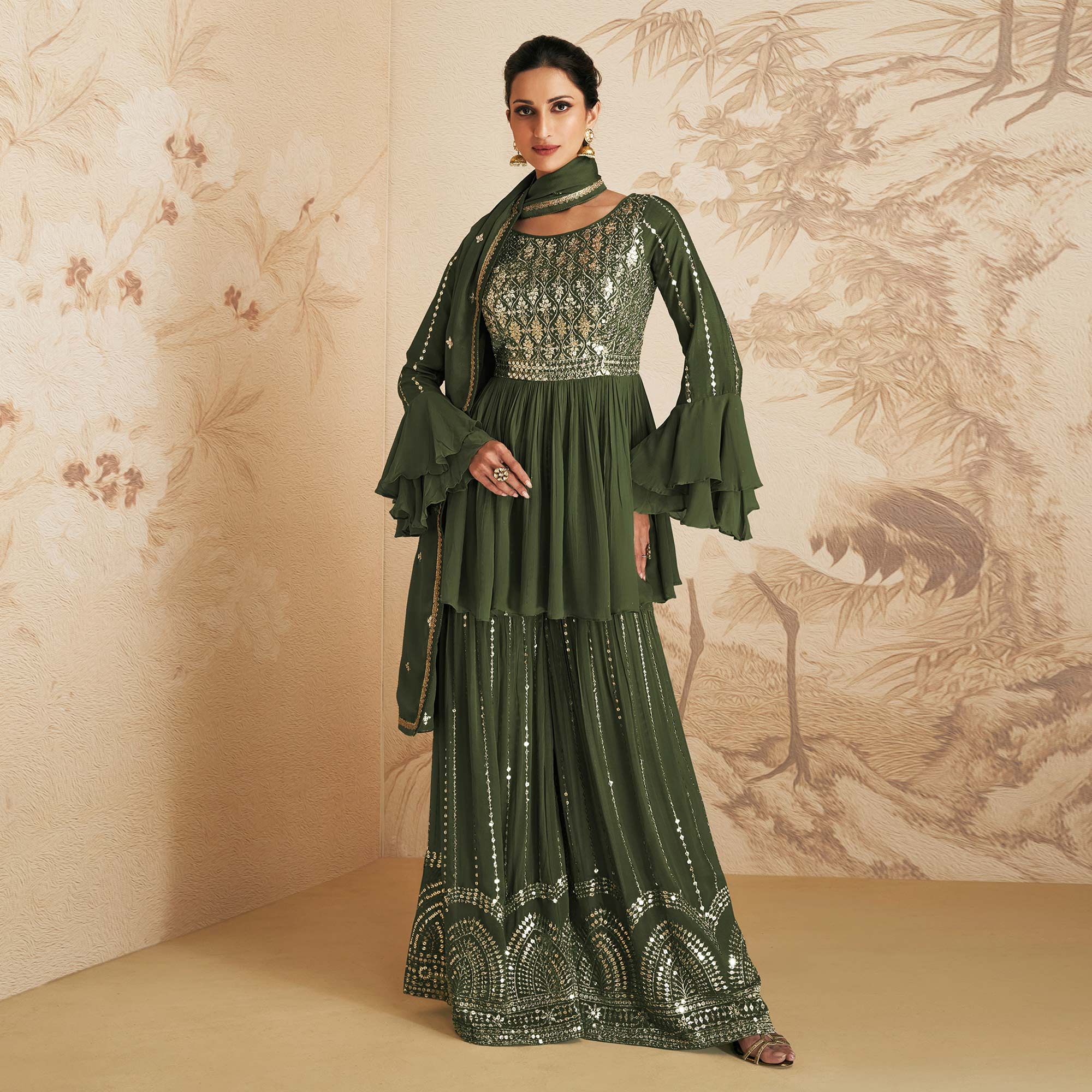 Mehendi Green Sequins Embroidered Chinon Semi Stitched Sharara Suit