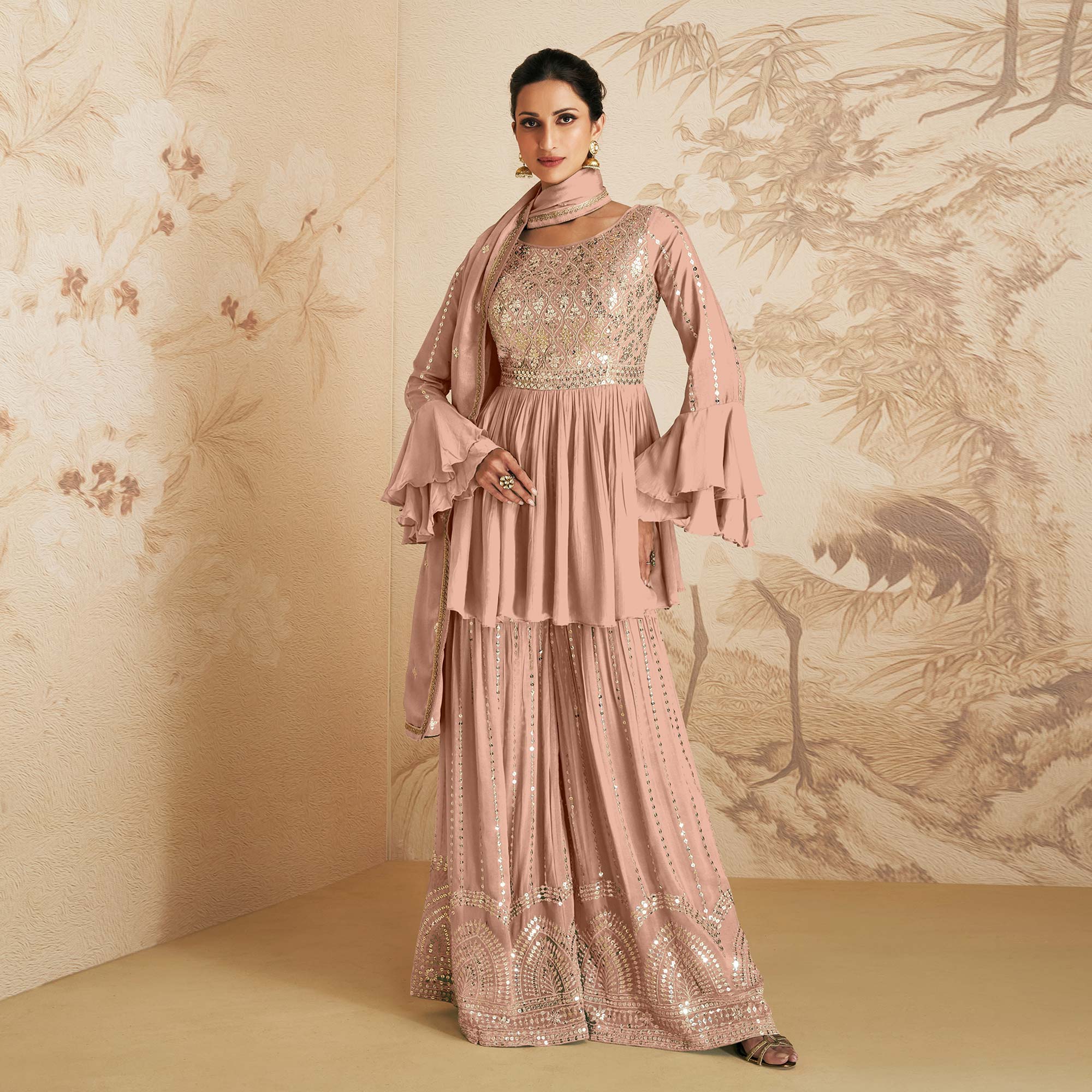 Peach Sequins Embroidered Chinon Semi Stitched Sharara Suit