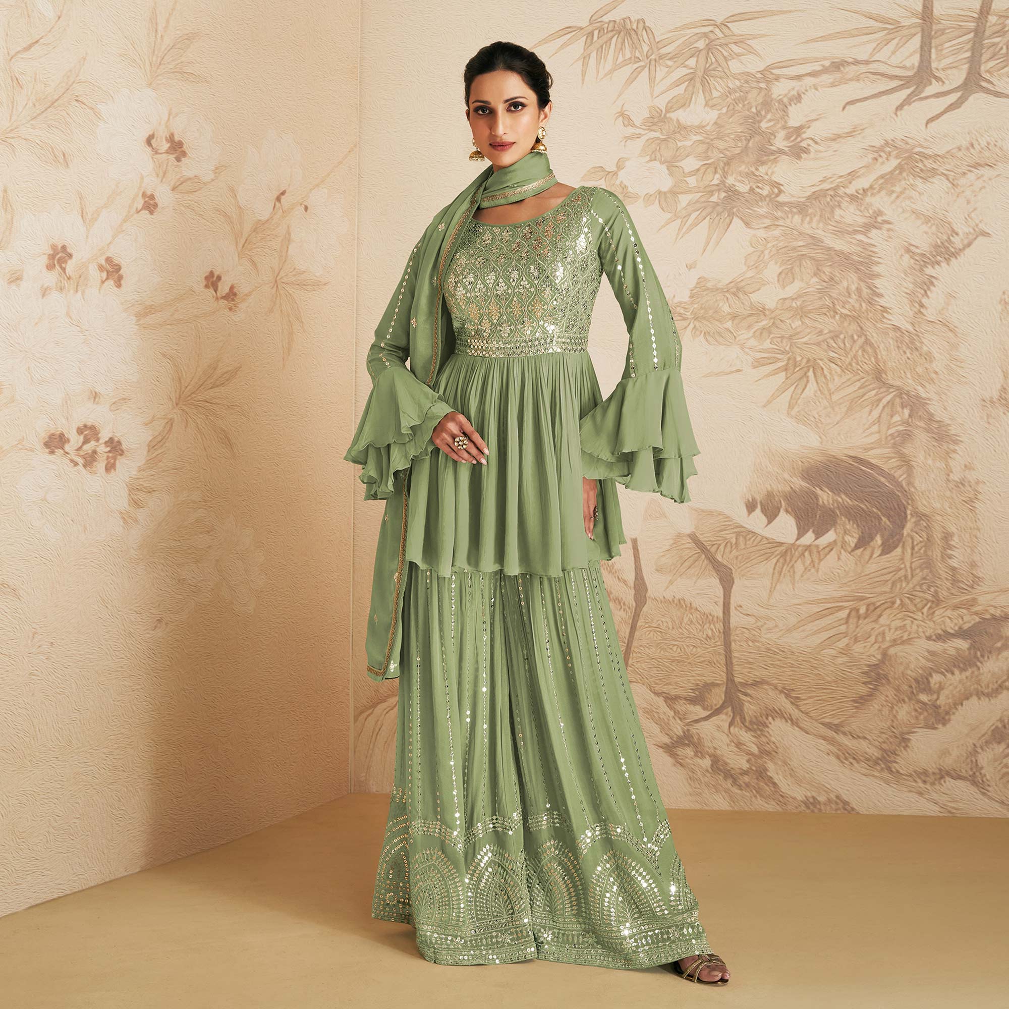 Pista Green Sequins Embroidered Chinon Semi Stitched Sharara Suit