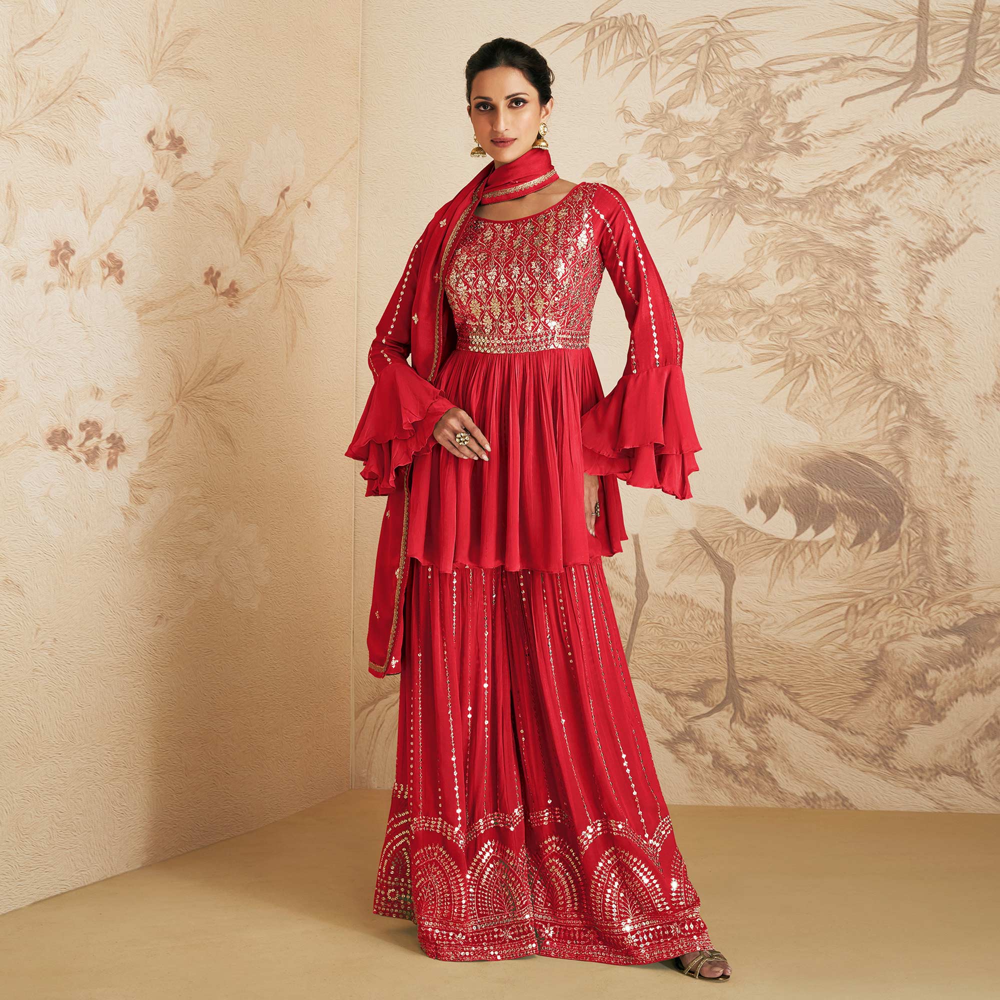 Red Sequins Embroidered Chinon Semi Stitched Sharara Suit