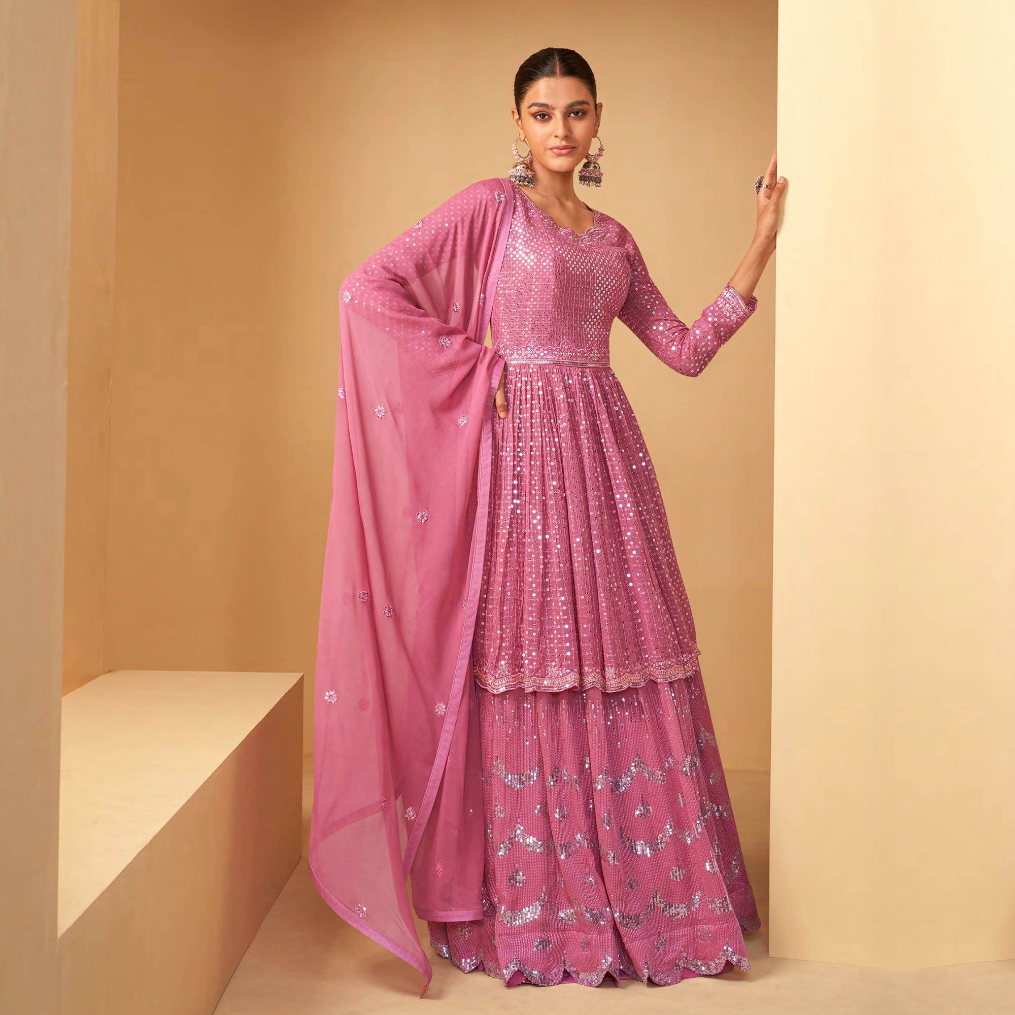 Pink Sequins Embroidered Georgette Semi Stitched Sharara Suit