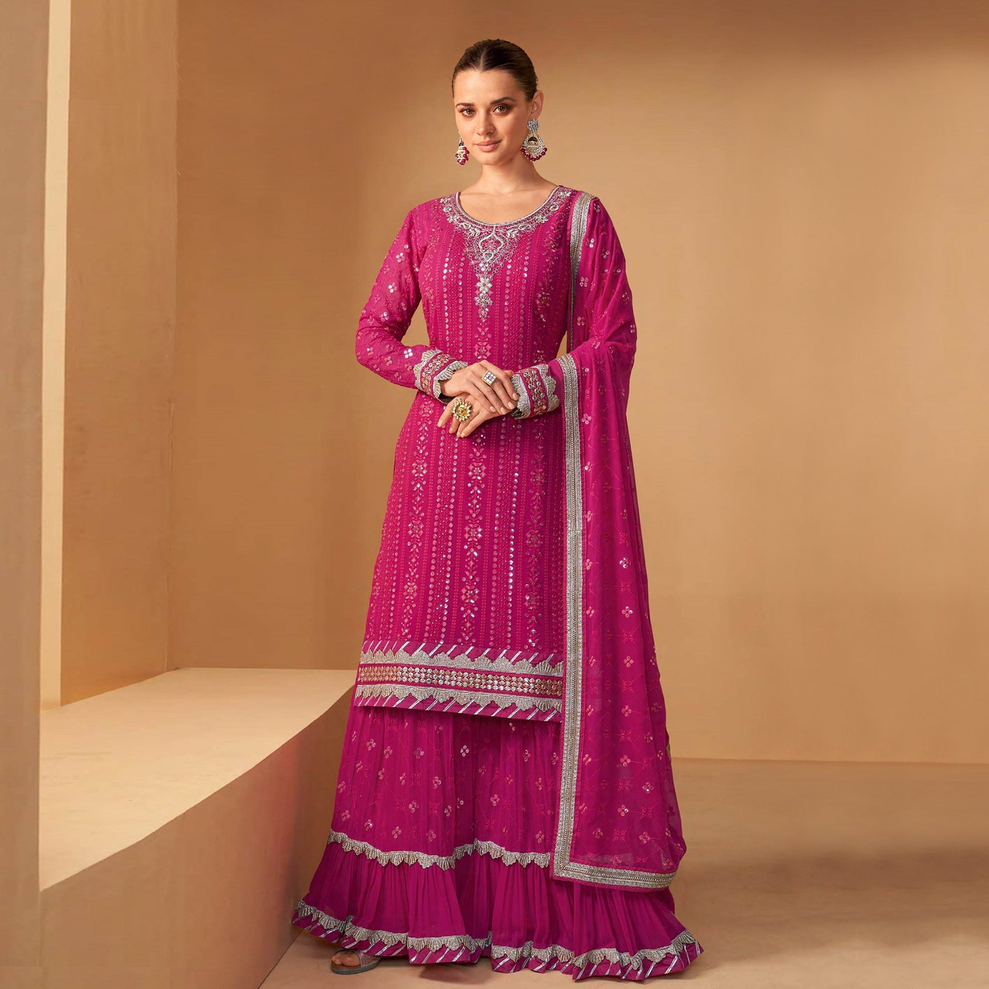 Rani Pink Floral Embroidered Georgette Semi Stitched Sharara Suit